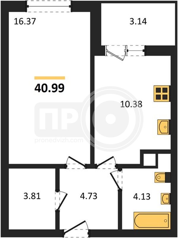 1-комнатная квартира, 40.99кв.м