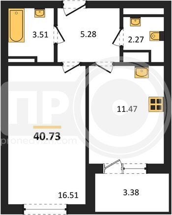 Миниатюра 1-комнатная квартира, 40.73кв.м