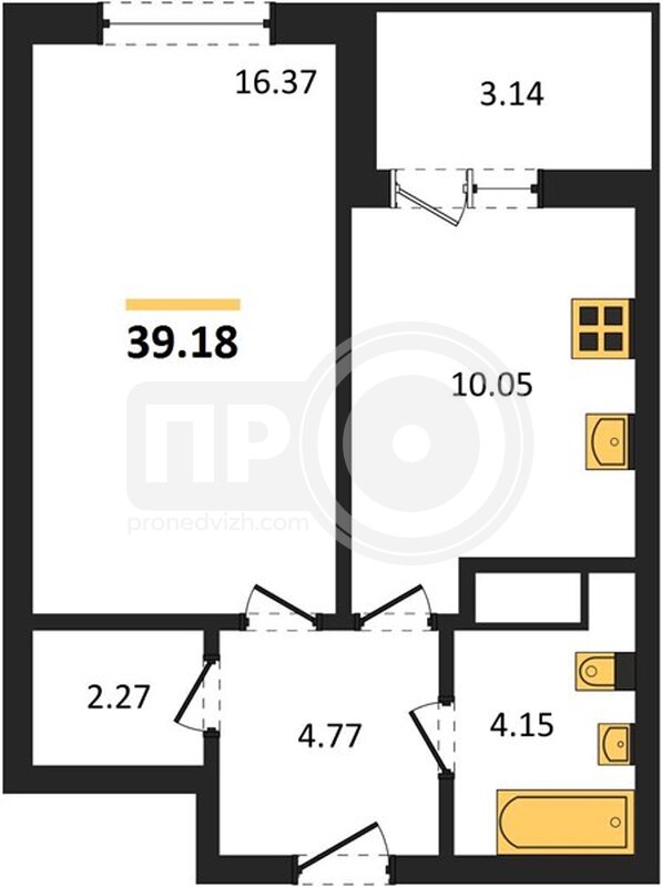 1-комнатная квартира, 39.18кв.м