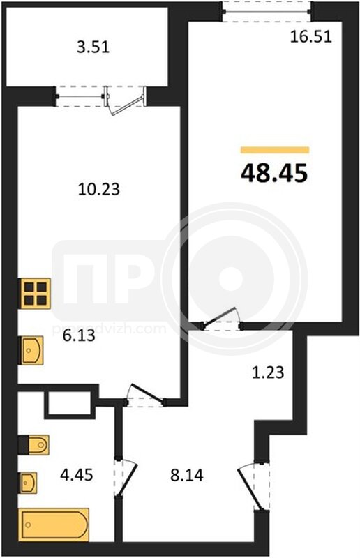 1-комнатная квартира, 48.45кв.м