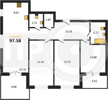 Миниатюра 3-комнатная квартира, 97.58кв.м
