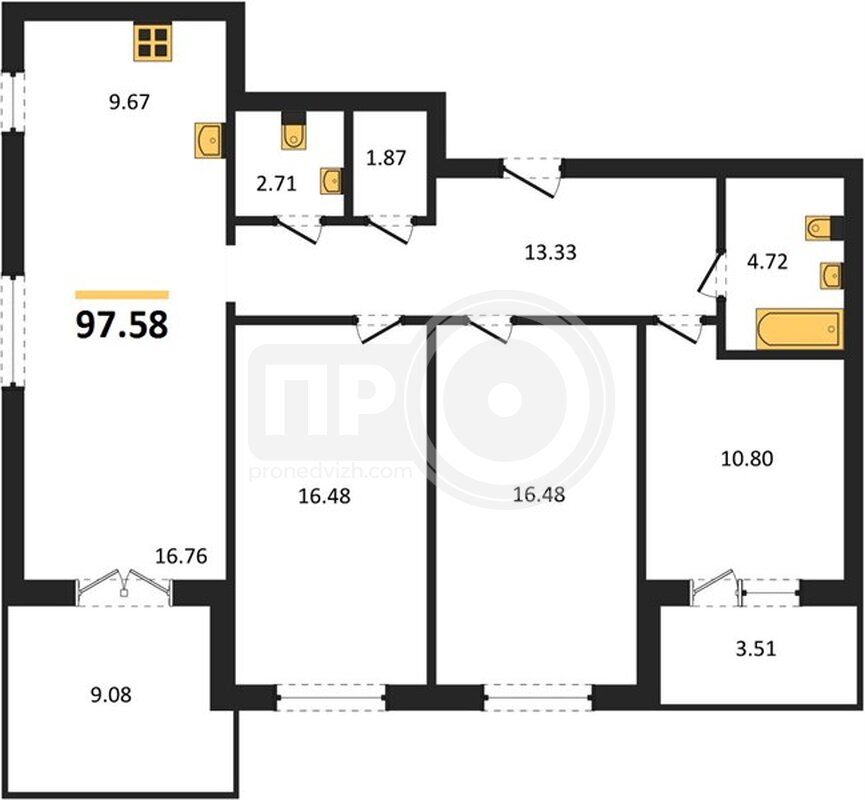 3-комнатная квартира, 97.58кв.м
