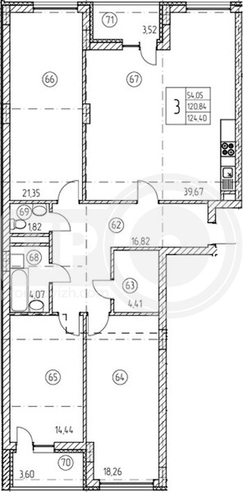 Миниатюра 3-комнатная квартира, 124.4кв.м