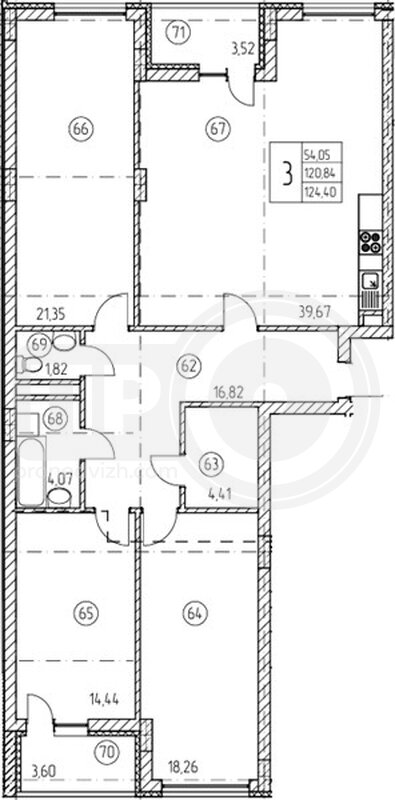 3-комнатная квартира, 124.4кв.м