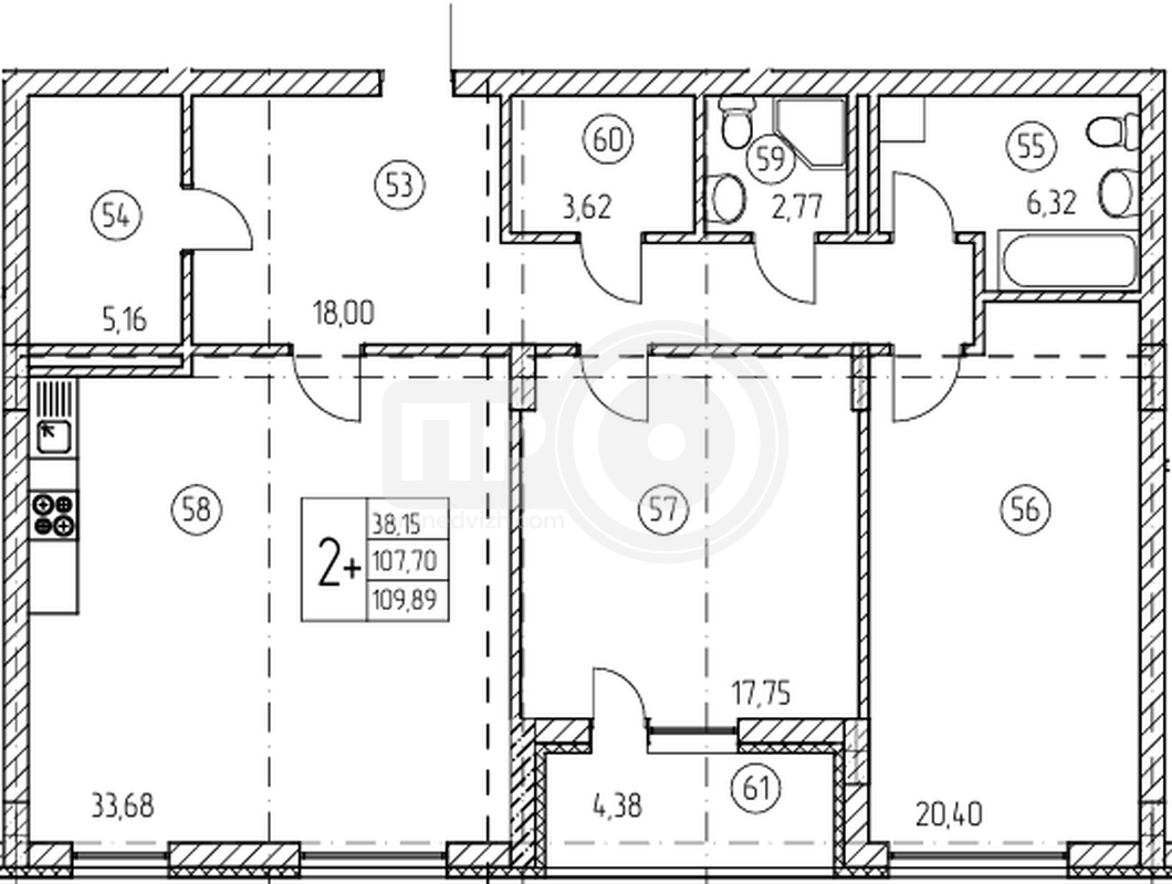 2-комнатная квартира, 109.89кв.м
