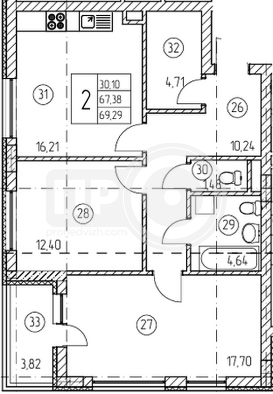 2-комнатная квартира, 69.29кв.м