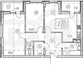 Миниатюра 2-комнатная квартира, 73.63кв.м