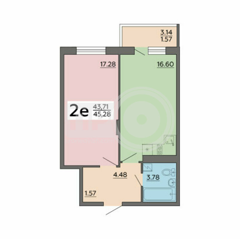 2-комнатная квартира, 45.28кв.м
