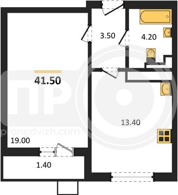 Миниатюра 1-комнатная квартира, 41.5кв.м