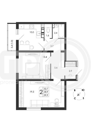 Миниатюра 2-комнатная квартира, 59.9кв.м