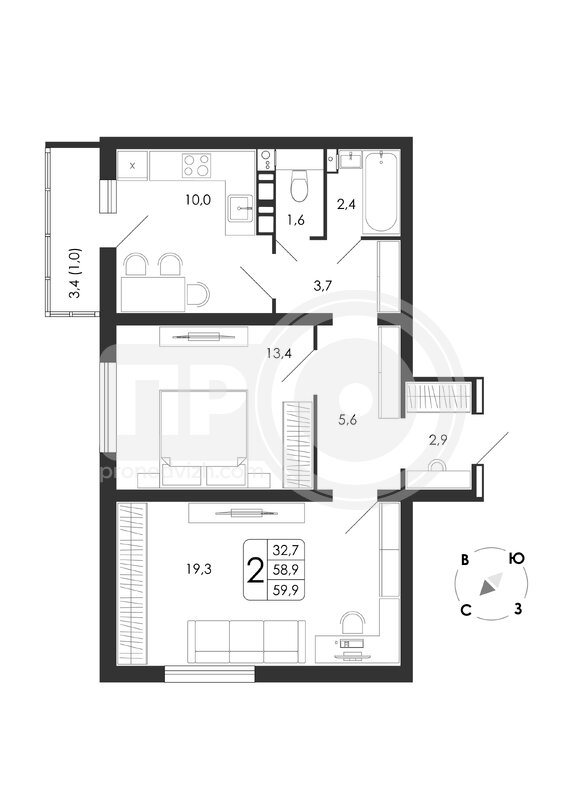 2-комнатная квартира, 59.9кв.м