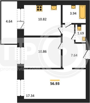 Миниатюра 2-комнатная квартира, 56.93кв.м