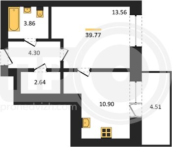 Миниатюра 1-комнатная квартира, 39.77кв.м