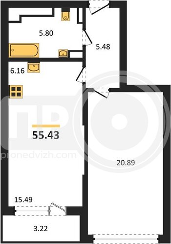 Миниатюра 1-комнатная квартира, 55.43кв.м