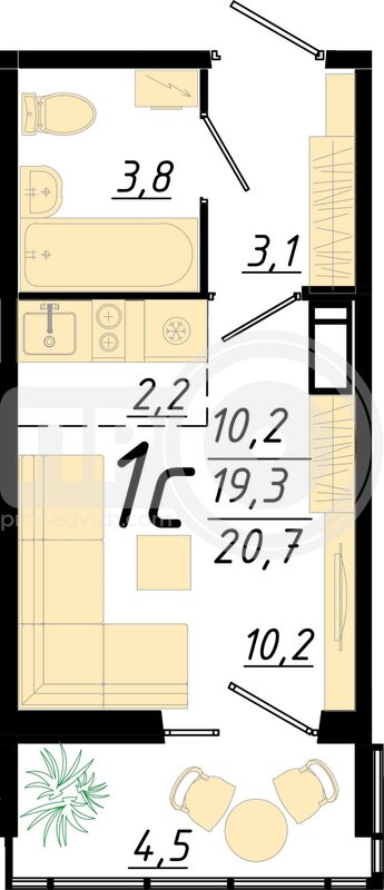 1-комнатная квартира, 20.5кв.м