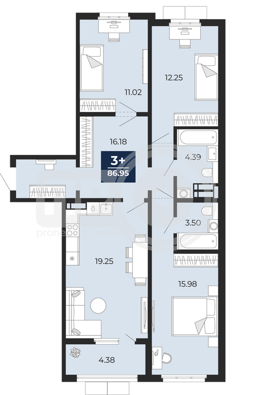 3-комнатная квартира, 86.95кв.м