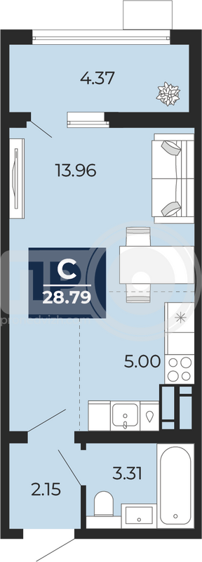 квартира-студия, 28,79кв.м.