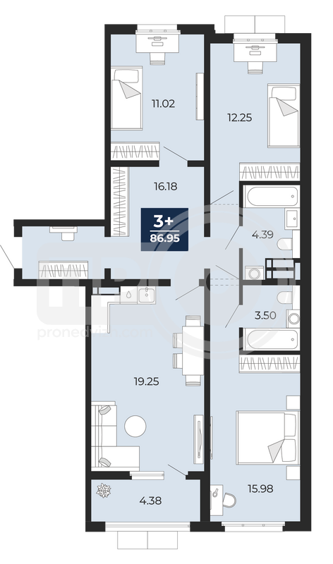3-комнатная квартира, 86.95кв.м