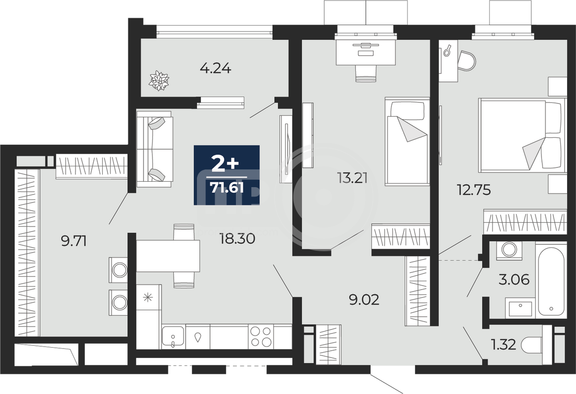 2-комнатная квартира, 71.61кв.м