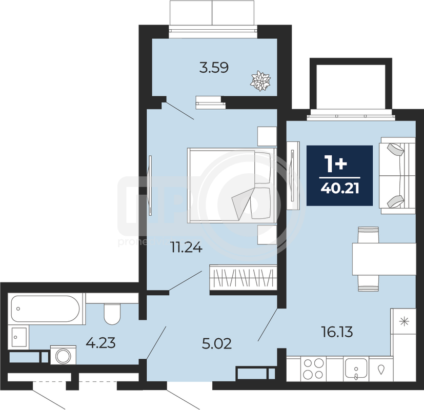 1-комнатная квартира, 40.21кв.м