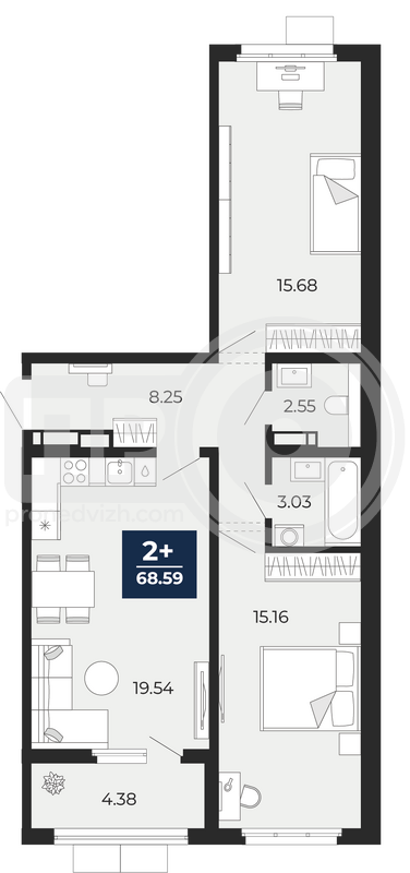 2-комнатная квартира, 68.59кв.м