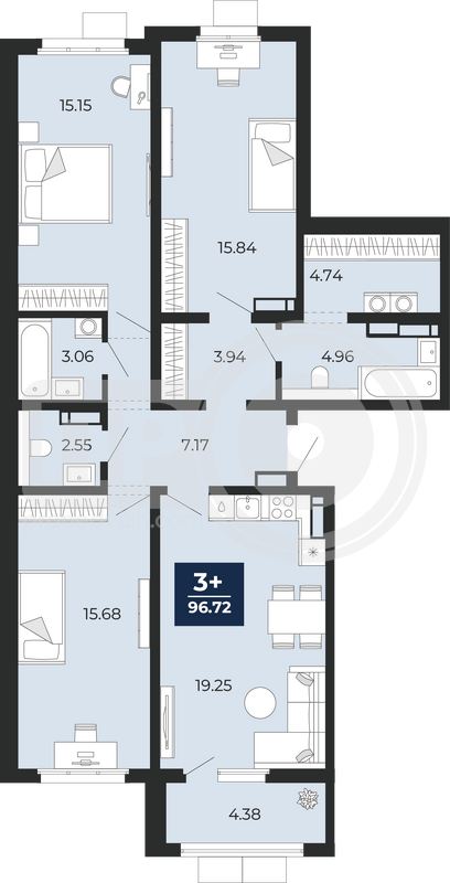 3-комнатная квартира, 96.72кв.м