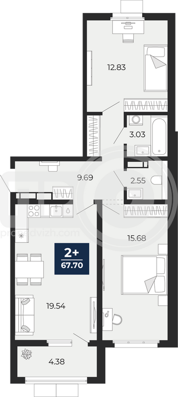 2-комнатная квартира, 67.7кв.м