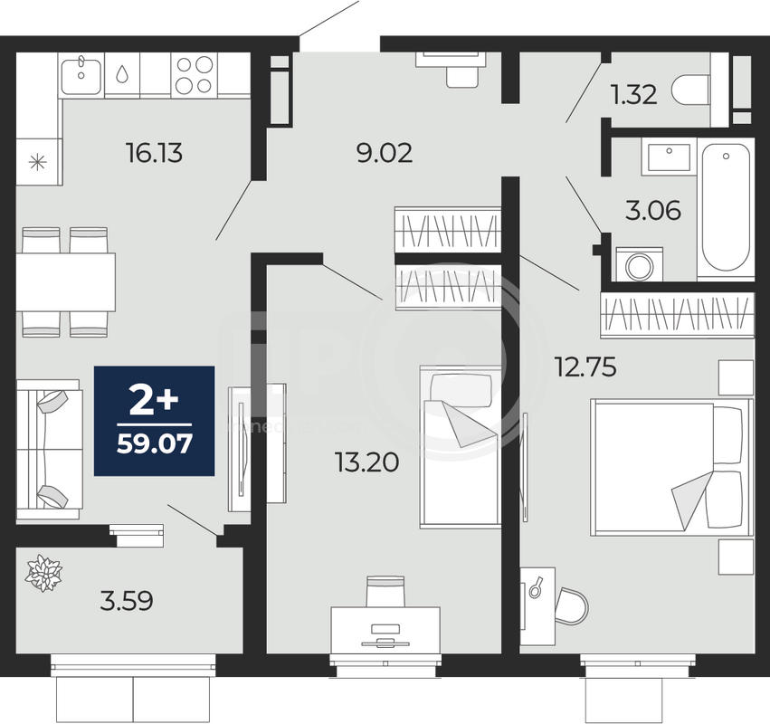 2-комнатная квартира, 59.07кв.м