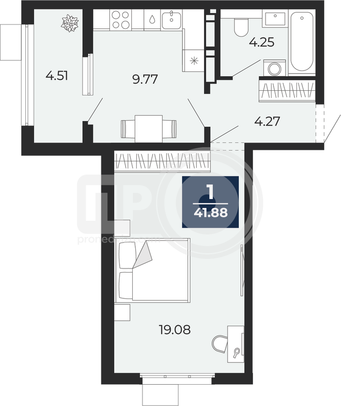 1-комнатная квартира, 41.88кв.м