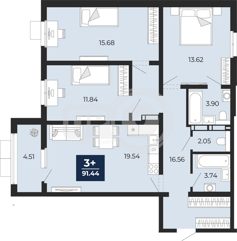 3-комнатная квартира, 91.44кв.м