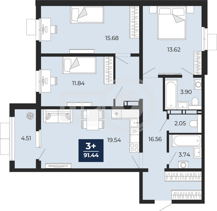 3-комнатная квартира, 91.44кв.м