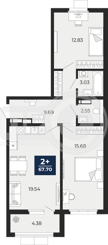 2-комнатная квартира, 67.7кв.м