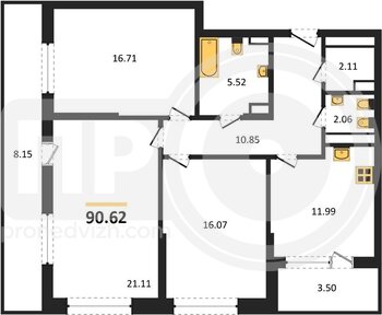 Миниатюра 3-комнатная квартира, 90.62кв.м