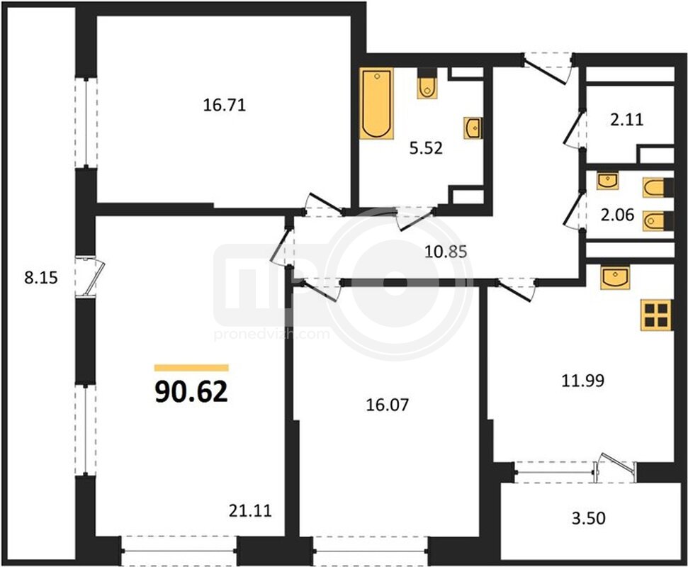 3-комнатная квартира, 90.62кв.м