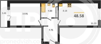 Миниатюра 1-комнатная квартира, 48.58кв.м