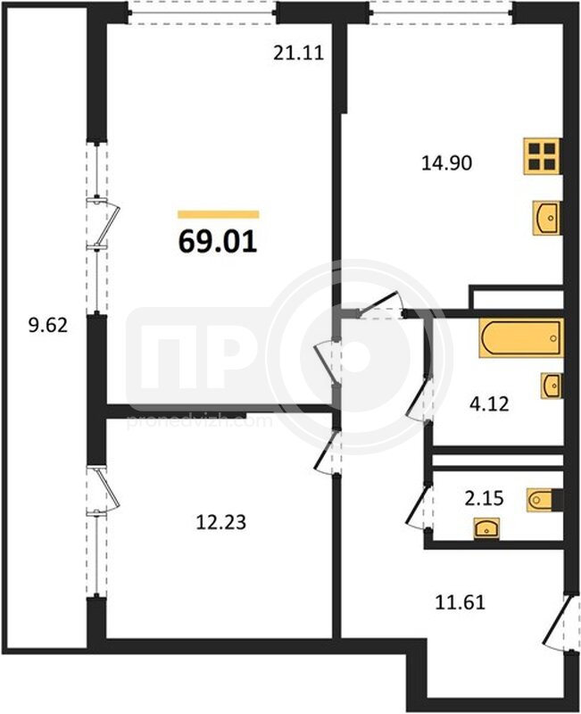 2-комнатная квартира, 69.01кв.м
