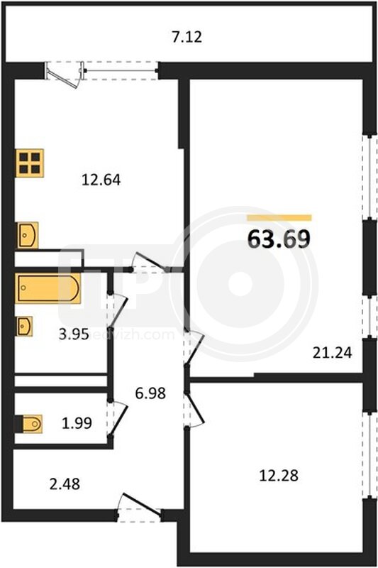 2-комнатная квартира, 63.69кв.м