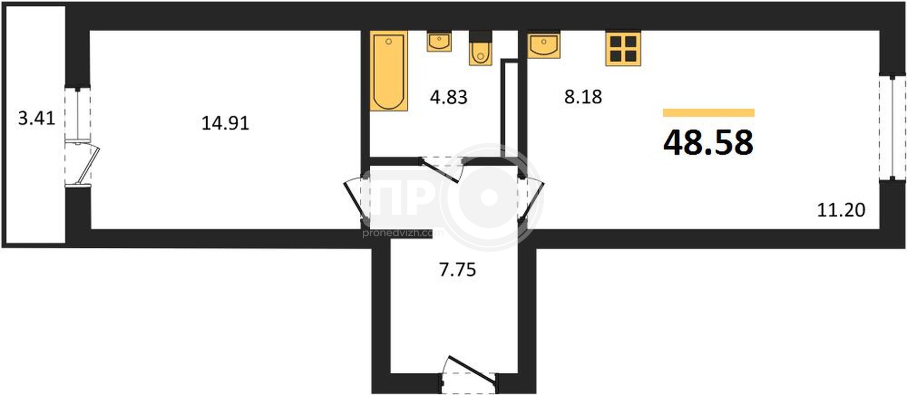 1-комнатная квартира, 48.58кв.м