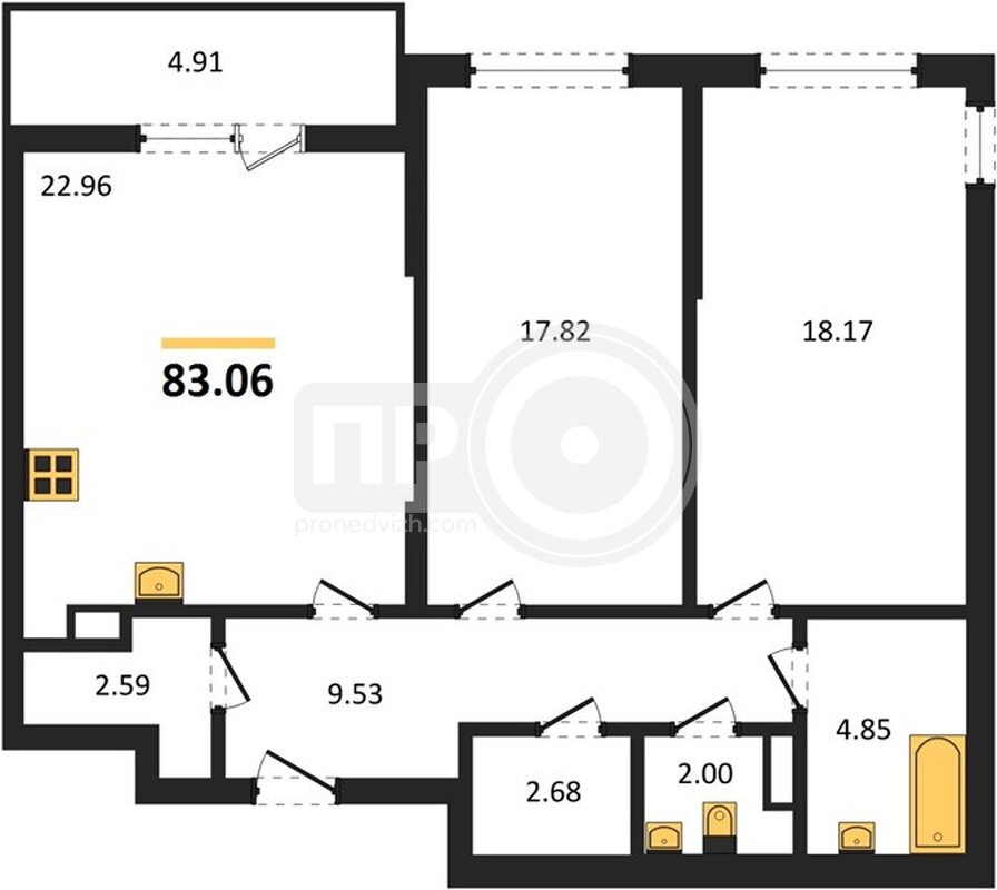 2-комнатная квартира, 83.06кв.м