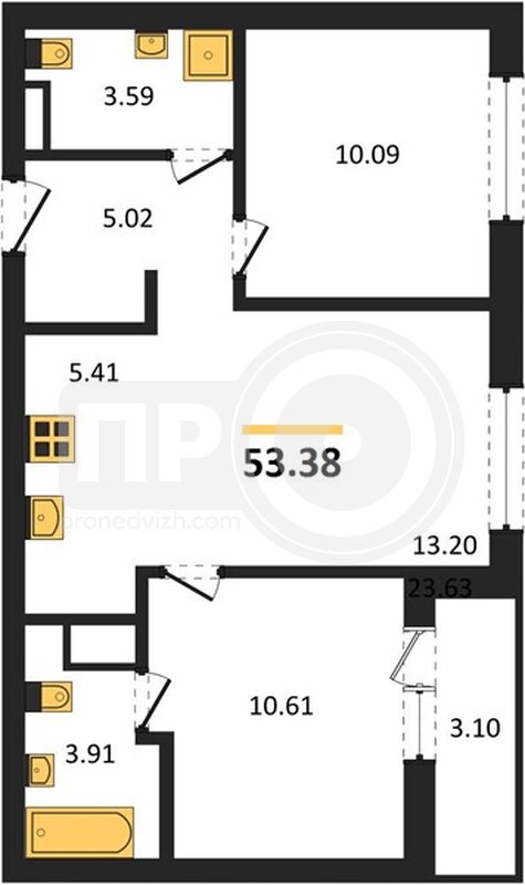 2-комнатная квартира, 53.38кв.м
