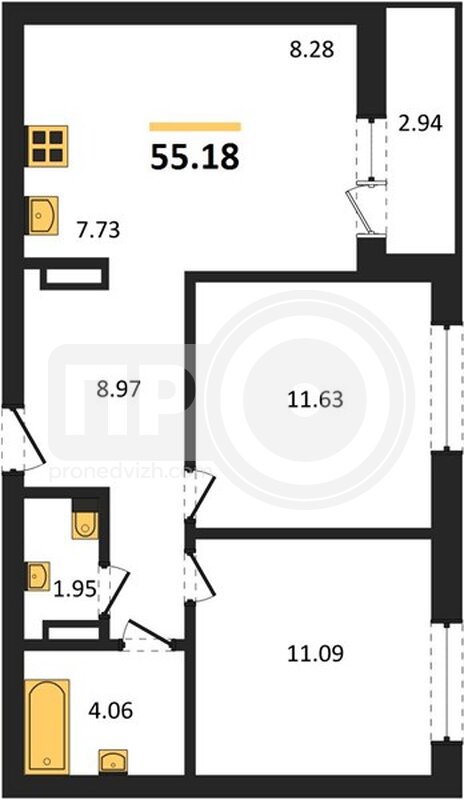 2-комнатная квартира, 55.18кв.м