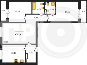 Миниатюра 3-комнатная квартира, 79.73кв.м