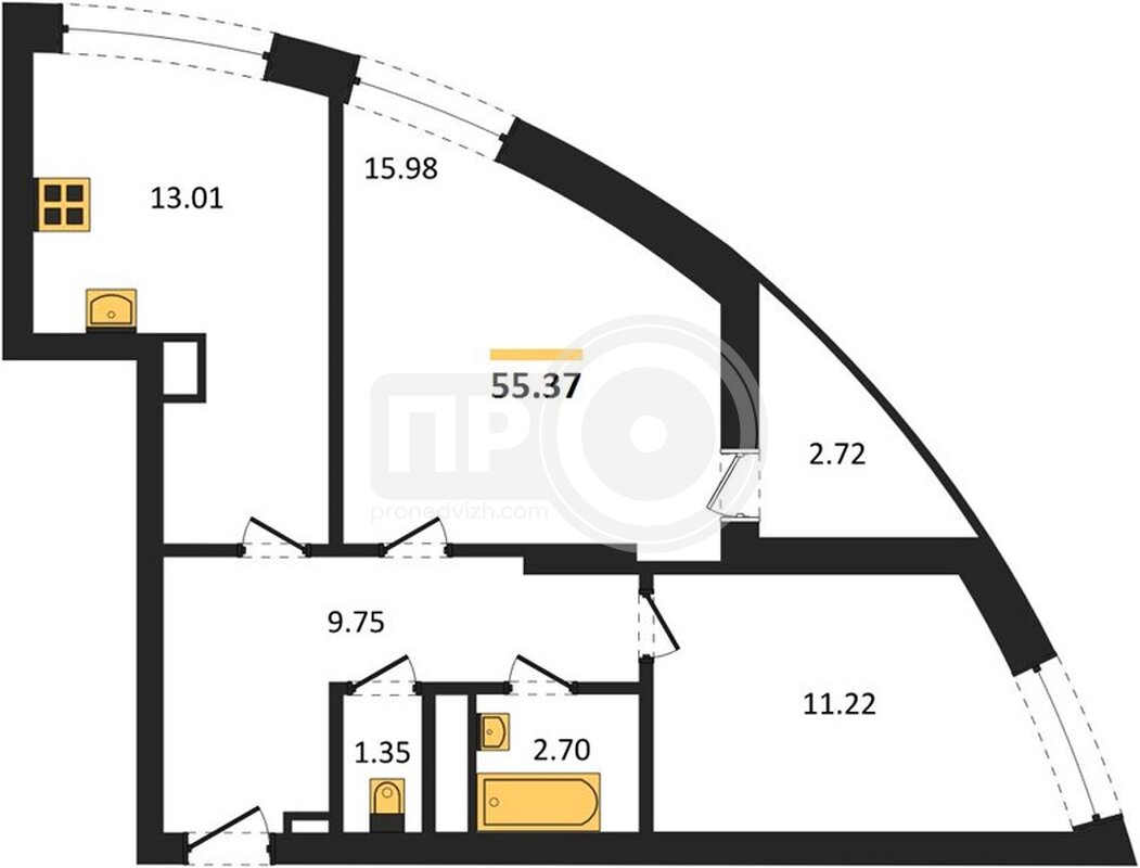 2-комнатная квартира, 55.37кв.м