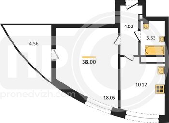 Миниатюра 1-комнатная квартира, 38кв.м