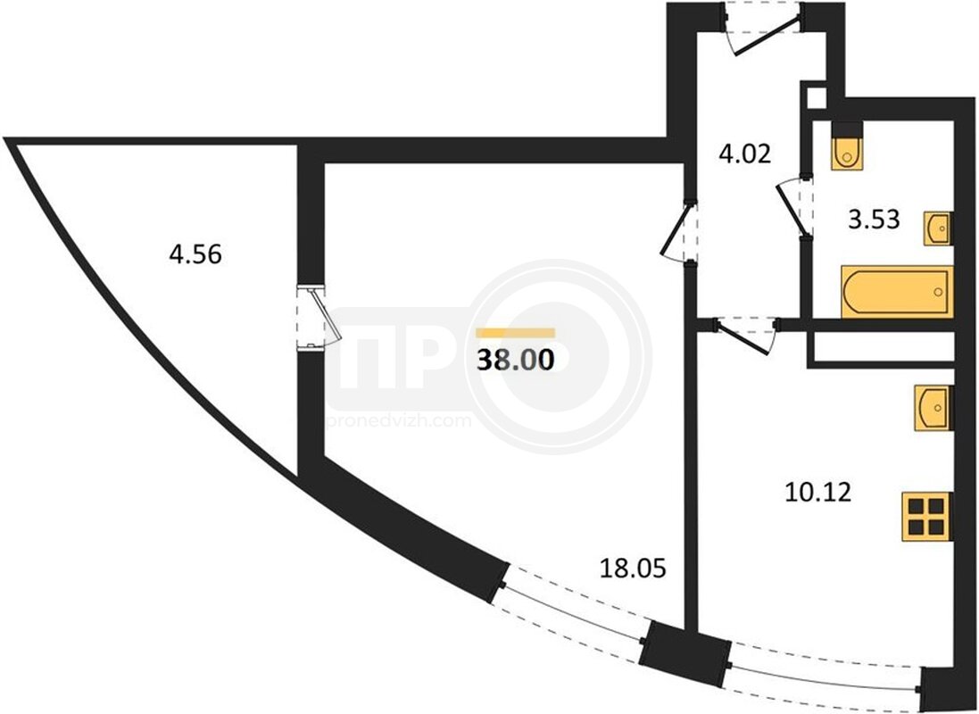 1-комнатная квартира, 38кв.м