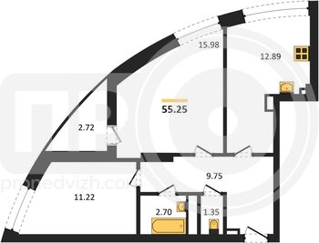Миниатюра 2-комнатная квартира, 55.25кв.м