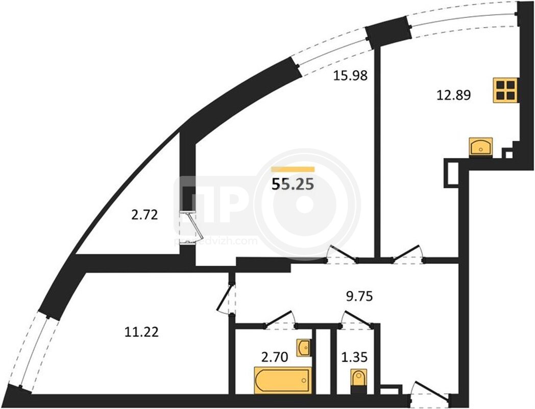 2-комнатная квартира, 55.25кв.м