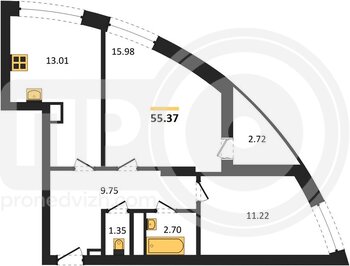Миниатюра 2-комнатная квартира, 55.37кв.м