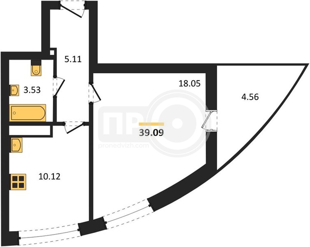 1-комнатная квартира, 39.09кв.м