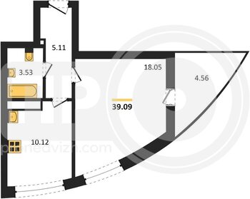 Миниатюра 1-комнатная квартира, 39.09кв.м